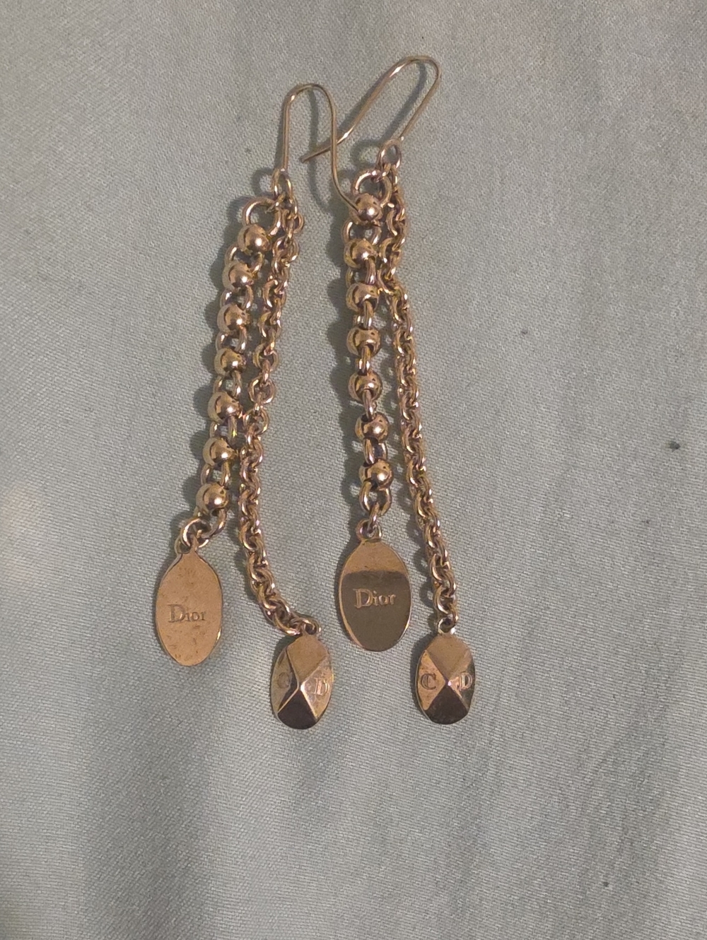 Dior Rose Gold Double Chain Drop Earrings with Oval Charms